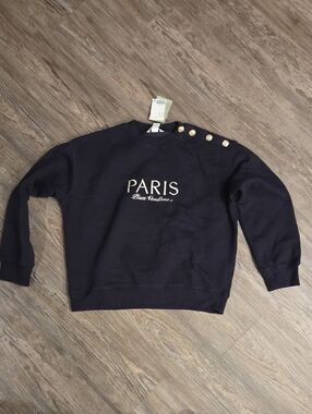 H&M Navy Crewneck Sweater with PARIS Embroidery and Gold Buttons
